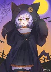 Rule 34 | 1girl, animal hood, bat (animal), black dress, blush, dress, fang, fence, frilled dress, frills, full moon, hair between eyes, halloween, halloween costume, highres, hood, hood up, kantai collection, long sleeves, moon, official alternate costume, one-hour drawing challenge, open mouth, orange eyes, pink hair, short hair, silk, skin fang, sleeves past fingers, sleeves past wrists, solo, spider web, tama (kancolle), thighhighs, twitter username, yoshino (mfmfpng)