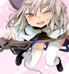 Rule 34 | 1girl, animal ears, blush, clothes lift, dress, grey hair, highres, ishikkoro, looking at viewer, mouse ears, mouse tail, nazrin, one eye closed, open mouth, red eyes, short hair, sitting, skirt, skirt lift, smile, solo, tail, thighhighs, touhou, wink