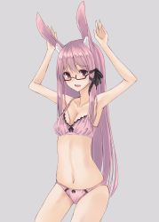 Rule 34 | 1girl, :d, absurdres, animal ears, armpits, arms up, blush, bra, breasts, cleavage, collarbone, cowboy shot, glasses, grey background, highres, looking at viewer, navel, open mouth, original, panties, pink bra, pink eyes, pink hair, pink panties, rabbit ears, second heaven, simple background, small breasts, smile, solo, standing, stomach, underwear, underwear only