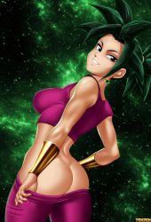 Rule 34 | 1girl, ass, breasts, dragon ball, earrings, highres, jewelry, kefla (dragon ball), pants, potara earrings, short sleeves, smile, tagme, tight clothes, tight pants