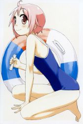 Rule 34 | 1girl, flat chest, gradient background, nonohara yuzuko, one-piece swimsuit, pink hair, solo, swimsuit, tagme, yuyushiki