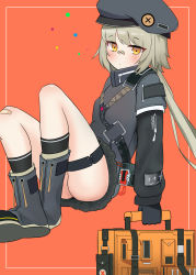 Rule 34 | 1girl, absurdres, bandaid, bandaid on face, bandaid on knee, bandaid on leg, bandaid on nose, beret, blush, boots, cla (finesoda), coat, commentary request, full body, girls&#039; frontline, gloves, grey hair, hat, highres, hip focus, hs2000 (girls&#039; frontline), long hair, orange background, ponytail, simple background, sitting, solo, trench coat, yellow eyes