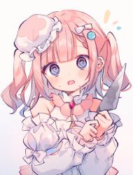 Rule 34 | 1girl, @ @, ana (rznuscrf), bare shoulders, blue eyes, blush, detached sleeves, hands up, hat, highres, holding, holding knife, holding weapon, jewelry, knife, long sleeves, looking at viewer, open mouth, pink hair, puffy long sleeves, puffy sleeves, shirt, sirahosi awawa, sleeveless, solo, two side up, varium, virtual youtuber, weapon, white background, white shirt, white sleeves