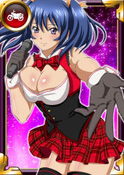 Rule 34 | 00s, 1girl, bare shoulders, bashoku youjou, blue hair, blush, breasts, card (medium), cleavage, female focus, hair ornament, ikkitousen, large breasts, leaning forward, legs, looking at viewer, purple eyes, shiny skin, short twintails, smile, solo, standing, thighhighs, twintails
