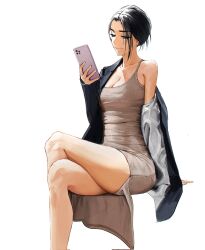 Rule 34 | 1girl, black hair, breasts, cellphone, chromatic aberration, cleavage, commentary, crossed legs, dress, english commentary, green eyes, grey dress, hair over one eye, highres, holding, holding phone, jacket, light smile, looking at phone, looking at viewer, medium breasts, off shoulder, original, phone, short hair, simple background, single bare shoulder, sitting, smartphone, smile, solo, spaghetti strap, tbocart, thighs, upskirt, white background