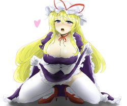 Rule 34 | 1girl, blonde hair, blue eyes, blush, breasts, cleavage, clothes lift, commentary request, dress, dress lift, efukei, elbow gloves, full body, gloves, hair between eyes, hat, hat ribbon, heart, high heels, large breasts, lifting own clothes, long hair, looking at viewer, mob cap, neck ribbon, nose blush, open mouth, red ribbon, ribbon, short sleeves, sidelocks, simple background, solo, squatting, sweat, thighhighs, touhou, white background, white gloves, white hat, white thighhighs, yakumo yukari, zettai ryouiki