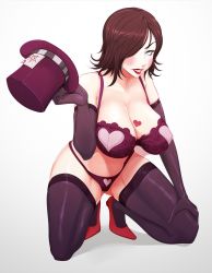 Rule 34 | 1girl, absurdres, borderlands (series), bra, breasts, brown hair, cleavage, elbow gloves, full body, gloves, grey eyes, grin, hat, high heels, highres, kneeling, large breasts, lipstick, looking at viewer, mad moxxi, makeup, mature female, nofuture, short hair, smile, solo, tattoo, thighhighs, top hat, underwear