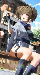 Rule 34 | 1girl, absurdres, bandaged arm, bandages, bare shoulders, black gloves, black leotard, bodiedwile, boots, breasts, brown hair, cross-laced footwear, day, food, gloves, grey kimono, hadanugi dousa, hair ornament, highres, holding, japanese clothes, kimono, knee boots, kunai, large breasts, leotard, long hair, looking up, obi, open kimono, open mouth, original, outdoors, partially fingerless gloves, purple eyes, sash, scarf, short kimono, sitting, skindentation, smile, solo, takoyaki, taut leotard, thigh strap, thighs, twintails, weapon, wide sleeves