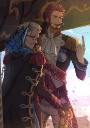 Rule 34 | 2boys, black gloves, blue eyes, brown hair, chain, cigar, cowboy shot, ascot, epaulettes, facial hair, fate/grand order, fate (series), glasses, gloves, highres, hsin, jacket, jacket on shoulders, james moriarty (archer) (fate), long sideburns, male focus, medallion, multiple boys, mustache, napoleon bonaparte (fate), pants, smile, uniform, weapon connection, white hair, white pants