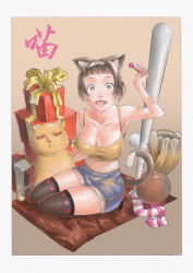 Rule 34 | 1girl, :p, animal ears, ball, baseball bat, baseball glove, basketball, basketball (object), black hair, black thighhighs, blunt bangs, box, breasts, brown background, brown eyes, camisole, candy, cat, cat ears, cat tail, cleavage, collarbone, denim, denim shorts, female focus, food, gift, gift box, heisejinshu, highres, large breasts, lips, lollipop, looking at viewer, midriff, no shoes, original, scarf, seiza, short hair, shorts, sitting, solo, spaghetti strap, striped clothes, striped scarf, tail, thighhighs, tongue, tongue out, unworn scarf