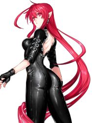 Rule 34 | 1girl, ass, back, bodysuit, breasts, cowboy shot, cross, earrings, fingerless gloves, from behind, from below, gloves, jewelry, katagiri hachigou, latex, leather, long hair, looking at viewer, looking back, original, pointy ears, red eyes, red hair, simple background, solo, standing, very long hair, white background