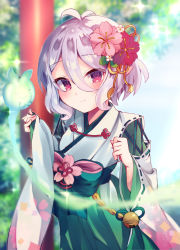 Rule 34 | 1girl, antenna hair, bad id, bad pixiv id, bell, blurry, blurry background, blush, bow, closed mouth, commentary request, day, depth of field, ebihara beniko, flower, green bow, green hakama, hair between eyes, hair flower, hair ornament, hakama, hakama skirt, highres, japanese clothes, jingle bell, kimono, kokkoro (new year) (princess connect!), kokkoro (princess connect!), long sleeves, outdoors, pinching sleeves, pink flower, pointy ears, princess connect!, red eyes, red flower, silver hair, skirt, sleeves past wrists, smile, solo, split mouth, white flower, white kimono, wide sleeves