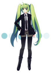 Rule 34 | bad id, bad pixiv id, black pantyhose, boots, green hair, hatsune miku, legs, pantyhose under shorts, long hair, mzz, necktie, pantyhose, shorts, solo, twintails, very long hair, vocaloid