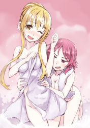 Rule 34 | 10s, 2girls, :d, ;d, alternate hairstyle, asuna (sao), bad id, bad pixiv id, barefoot, blush, breasts, brown eyes, brown hair, cleavage, drooling, freckles, hair up, hands on another&#039;s hips, lisbeth (sao), long hair, matsuryuu, multiple girls, naked towel, one eye closed, open mouth, pink eyes, pink hair, saliva, short hair, smile, sword art online, tickling, tickling sides, towel, towel around neck, wavy mouth, wink, yuri