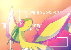 Rule 34 | animal focus, claws, closed mouth, creatures (company), dragon, flygon, game freak, gen 3 pokemon, gradient background, half-closed eyes, jpeg artifacts, looking up, nintendo, no humans, orange background, pokedex number, pokemon, pokemon (creature), red eyes, ronen, simple background, solo, upper body, wings