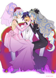 Rule 34 | 00s, 2girls, =sai=, antispiral nia, bad id, bad pixiv id, black dress, blonde hair, blue eyes, blue hair, blush, choker, couch, dark persona, dress, dual persona, earrings, elbow gloves, closed eyes, flower, formal, gloves, hair bun, hand on another&#039;s face, imminent kiss, jewelry, multicolored hair, multiple girls, multiple persona, nia teppelin, noritake, open mouth, pink dress, simon (ttgl), single hair bun, suit, surprised, symbol-shaped pupils, teeth, tengen toppa gurren lagann, time paradox, tongue, two-tone hair, veil, vest