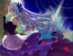 Rule 34 | 1girl, bare shoulders, bird, blue eyes, blush, detached sleeves, dress, fukuda935, gwendolyn (odin sphere), hair ornament, long hair, odin sphere, petals, solo, strapless, strapless dress, thighhighs, white thighhighs