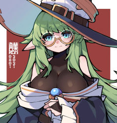 Rule 34 | 1girl, bare shoulders, black bodysuit, black gloves, blue dress, blue eyes, blue hat, blush, bodysuit, breasts, bridal gauntlets, closed mouth, commentary request, dated, dress, gloves, green hair, hat, hat belt, highres, impossible clothes, kotoba (1074421015), large breasts, long hair, long sleeves, looking at viewer, off-shoulder dress, off shoulder, original, pointy ears, raised eyebrows, red background, semi-rimless eyewear, solo, under-rim eyewear, upper body, witch hat