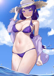 Rule 34 | 1girl, absurdres, bare shoulders, bikini, blue flower, blue sky, breasts, cloud, commentary request, cowboy shot, day, flag888, flower, genshin impact, hat, hat flower, highres, large breasts, long hair, looking at viewer, navel, off shoulder, parted lips, purple bikini, purple eyes, purple hair, raiden shogun, sky, solo, standing, stomach, sun hat, swimsuit, thighs, very long hair, wading, water