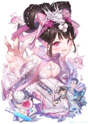 Rule 34 | 1girl, black hair, box, breasts, cleavage, cup, hand fan, hand on own face, hand up, heart, highres, medium breasts, open mouth, original, paper fan, pink eyes, ryota (ry o ta), signature, solo, teacup, teapot, turtle, upper body, white background
