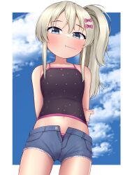 Rule 34 | 1girl, absurdres, blonde hair, blue eyes, blue shorts, blush, bow, collarbone, cowboy shot, denim, denim shorts, food in mouth, grecale (kancolle), hair between eyes, hair bow, highres, kantai collection, long hair, looking at viewer, one side up, open fly, pink bow, polka dot, polka dot swimsuit, shorts, solo, swimsuit, tiemu (man190)