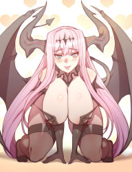Rule 34 | 1girl, :p, black thighhighs, blue eyes, blush, breasts, carcass (artist), demon girl, demon tail, demon wings, elbow gloves, garter straps, gloves, hair between eyes, hanging breasts, heart, high heels, highres, huge breasts, kneeling, last origin, leaning forward, long hair, looking at viewer, mole, mole under mouth, open mouth, pink hair, serapias alice, simple background, solo, tail, tattoo, thick thighs, thighhighs, thighs, tiara, tongue, tongue out, very long hair, white background, wings