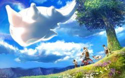 Rule 34 | 4boys, bicycle, blue sky, cloud, creature, day, dog, dutch angle, fish, flower, flying, grass, looking up, male focus, mountain, multiple boys, multiple riders, nature, original, outdoors, plant, running, scenery, school uniform, sky, tahra, tree, uniform