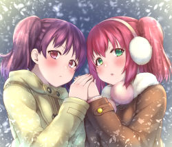 Rule 34 | 2girls, beige coat, blush, brown coat, coat, earmuffs, fur-trimmed coat, fur trim, green eyes, highres, hitotsuki no yagi, holding hands, kazuno leah, kurosawa ruby, long sleeves, looking at viewer, love live!, love live! sunshine!!, multiple girls, parted lips, pom pom (clothes), purple eyes, purple hair, red hair, snowing, twintails, two side up, upper body, winter clothes, yuri