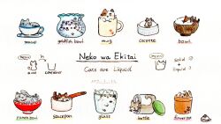 Rule 34 | animal focus, blush, bottle, bowl, calico, cat day, closed eyes, cup, dated, english text, fishbowl, flower pot, frown, glass, green eyes, grey cat, mi-ke cat, mug, no humans, one eye closed, open mouth, original, paw print, plate, romaji text, saucepan, sitting, sleeping, speech bubble, spoon, tabby cat, teacup, white background