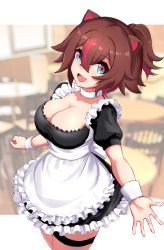 Rule 34 | :d, absurdres, alternate costume, animal ears, apron, bandaid, bandaid on face, bandaid on nose, beckoning, blue eyes, border, breasts, brown hair, cafe, cleavage, collar, colored inner hair, colored tips, dress, enmaided, fang, frilled apron, frilled dress, frills, hair between eyes, hair flaps, highres, indoors, large breasts, letterboxed, looking at viewer, maid, maid apron, multicolored eyes, multicolored hair, open hand, open mouth, outside border, outstretched hand, owozu, ponytail, puffy short sleeves, puffy sleeves, raccoon ears, raccoon girl, rakkun sutaru, red eyes, red hair, short hair, short sleeves, skin fang, slash-ex, smile, thigh strap, two-tone hair, virtual youtuber, white border, white collar, wrist cuffs