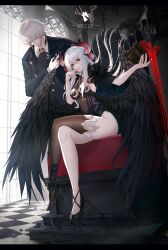 Rule 34 | 1boy, 1girl, ankle ribbon, ascot, bird, black feathers, book, checkered floor, covered navel, crow, demon horns, dress, fallen angel, feathered wings, feathers, formal, grey hair, hand over heart, hand up, high heels, highres, holding, holding book, horns, leg ribbon, long hair, merry hearm, open book, original, red eyes, ribbon, seven deadly sins, short hair, single thighhigh, sitting, smirk, suit, thighhighs, throne, wings