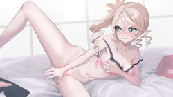 Rule 34 | 1girl, alisha diphda, bad id, bad pixiv id, bare shoulders, bed, blonde hair, blush, bra, breasts, collarbone, covering privates, covering crotch, day, green eyes, haizome senri, holding, holding bra, holding clothes, holding underwear, lying, navel, nude, on bed, on side, panties, ponytail, shorts, side ponytail, solo, spread legs, sweatdrop, tales of (series), tales of zestiria, underwear, unworn panties, unworn shorts