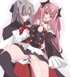 Rule 34 | 10s, 1boy, 1girl, anal, anal fingering, bare shoulders, blush, censored, fangs, female ejaculation, ferid bathory, fingering, gloves, gothic lolita, hetero, highres, krul tepes, lolita fashion, long hair, no panties, open mouth, owari no seraph, peeing, pointy ears, pussy juice, red eyes, saliva, teeth, thighs, tongue, vampire