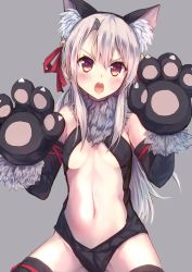 Rule 34 | 1girl, animal ears, animal hands, bare shoulders, black gloves, black leotard, black thighhighs, blush, breasts, cat ears, dangeroes beast (illya), elbow gloves, fate/kaleid liner prisma illya, fate (series), fur-trimmed gloves, fur collar, fur trim, gloves, grey background, hair ribbon, hands up, head tilt, highres, illyasviel von einzbern, konkito, leotard, long hair, looking at viewer, navel, official alternate costume, open mouth, paw gloves, red eyes, red ribbon, ribbon, sideboob, silver hair, simple background, small breasts, solo, thighhighs, v-shaped eyebrows, very long hair