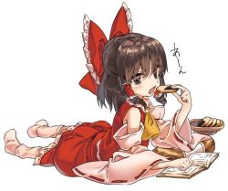 Rule 34 | 1girl, ascot, black eyes, book, bow, bowl, brown hair, detached sleeves, eating, eyes visible through hair, food, frilled bow, frilled hair tubes, frilled shirt collar, frilled skirt, frills, full body, hair between eyes, hair bow, hair tubes, hakurei reimu, half updo, hand up, holding, holding food, looking at viewer, loose socks, lying, manarou, open mouth, pink socks, red bow, red skirt, red vest, ribbon-trimmed sleeves, ribbon trim, senbei, sidelocks, simple background, skirt, socks, solo, touhou, vest, wagashi, white background, white sleeves, white socks, wide sleeves, yellow ascot
