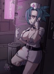 Rule 34 | 1girl, absurdres, alley, blue hair, breasts, choker, cigarette, city, cleavage, gloves, hair over one eye, hat, highres, large breasts, latex, latex gloves, leaning back, leg wrap, looking at viewer, mask, mask pull, mouth mask, moxydraws, neon lights, nurse cap, open mouth, outdoors, ponytail, skullgirls, smoke, smoking, solo, surgical mask, valentine (skullgirls)