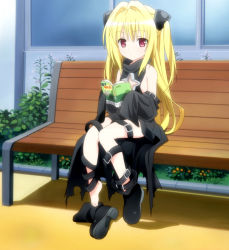 Rule 34 | 1girl, age regression, aged down, barefoot, bench, blonde hair, book, boots, child, flat chest, hair ribbon, konjiki no yami, long hair, loose clothes, oversized clothes, red eyes, ribbon, screencap, shoes, single shoe, solo, stitched, thigh strap, third-party edit, to love-ru