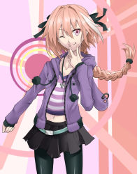 Rule 34 | 1boy, astolfo (fate), astolfo (memories at trifas) (fate), black legwear, bokibo, braid, crossdressing, fate/apocrypha, fate (series), hair ribbon, highres, hood, hoodie, jewelry, male focus, midriff, navel, necklace, official alternate costume, one eye closed, pantyhose, pink eyes, pink hair, ribbon, single braid, smile, trap, wink