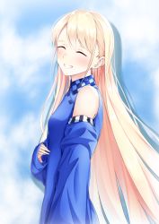 Rule 34 | 1girl, blonde hair, blue background, blue dress, blush, chiyuki fujito, detached sleeves, dress, closed eyes, facing viewer, highres, long sleeves, runway de waratte, smile, solo, upper body, yumemo