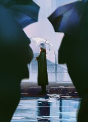 Rule 34 | 1girl, black coat, blurry, blurry foreground, braid, braided ponytail, chainsaw man, coat, formal, highres, holding, holding umbrella, looking afar, makima (chainsaw man), medium hair, puddle, red hair, reflection, reflective water, silhouette, solo, sudstance, suit, transparent, transparent umbrella, umbrella