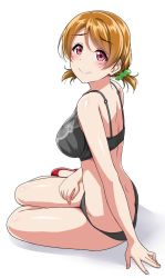Rule 34 | 1girl, alternate hairstyle, black bra, black panties, blush, bra, breasts, brown hair, butt crack, commentary request, green scrunchie, hand on lap, highres, koizumi hanayo, large breasts, looking at viewer, looking back, love live!, love live! school idol project, panties, purple eyes, red footwear, scrunchie, shoes, short hair, short twintails, simple background, sitting, smile, solo, twintails, underwear, underwear only, white background, yokozuwari, yopparai oni