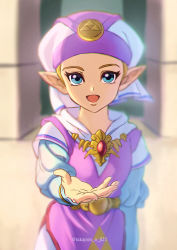 Rule 34 | 1girl, absurdres, blonde hair, blue eyes, blurry, blurry background, commentary request, dress, hat, highres, long sleeves, looking at viewer, mob cap, nintendo, open mouth, outstretched arm, pink dress, pointy ears, princess zelda, reaching, reaching towards viewer, short hair, smile, solo, takapon-o-ji, the legend of zelda, the legend of zelda: ocarina of time, triforce print, twitter username, two-tone dress, white dress, young zelda