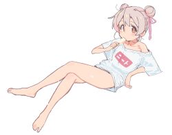 Rule 34 | 1girl, absurdres, bare legs, barefoot, brown eyes, collarbone, commentary, crossed legs, double bun, feet, food, food in mouth, full body, hair between eyes, hair bun, hair ribbon, highres, kiirogreen, light blush, looking at viewer, no pants, off shoulder, onii-chan wa oshimai!, oyama mahiro, pink hair, pink ribbon, popsicle, popsicle in mouth, reclining, ribbon, shirt, short sleeves, simple background, single bare shoulder, solo, t-shirt, toes, white background, white shirt