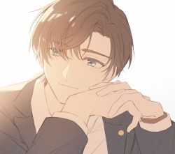 Rule 34 | 1boy, artem wing (tears of themis), black jacket, blue eyes, brown hair, close-up, closed mouth, jacket, koeda (k83 4), long sleeves, polo shirt, short hair, simple background, smile, solo, tears of themis, watch, white background, wristwatch