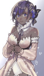 Rule 34 | 1girl, bare shoulders, blush, bow, breasts, commentary request, dark-skinned female, dark skin, detached collar, detached sleeves, dress, eyebrows hidden by hair, fate/grand order, fate (series), flower, grey background, hair between eyes, hair bow, hair flower, hair ornament, hassan of serenity (fate), hassan of serenity (lostroom outfit) (fate), heart, highres, long sleeves, lostroom outfit (fate), medium breasts, own hands together, purple bow, purple eyes, purple flower, purple hair, rinkuruto, short hair, simple background, solo, twitter username, white dress