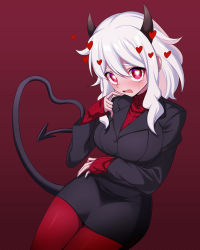 Rule 34 | 1girl, black horns, black jacket, black sleeves, black tail, blazer, blush, breasts, child (isoliya), commentary, demon girl, demon tail, gradient background, hair ornament, hand up, heart, heart-shaped pupils, heart hair ornament, helltaker, highres, horns, jacket, large breasts, long sleeves, looking at viewer, modeus (helltaker), open mouth, pantyhose, red background, red eyes, red pantyhose, red sweater, ribbed sweater, solo, sweater, symbol-shaped pupils, tail, teeth, upper teeth only, white hair