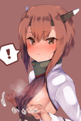Rule 34 | !, 1girl, :&lt;, atsutoku, blush, breasts, brown background, brown eyes, brown hair, closed mouth, hair between eyes, headband, headgear, highres, kantai collection, long sleeves, short hair, sideboob, simple background, small breasts, solo, spoken exclamation mark, steam, sweat, taihou (kancolle)