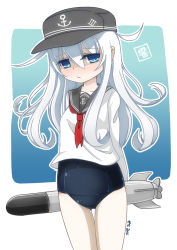 Rule 34 | 10s, 1girl, blue eyes, hat, hibiki (kancolle), kantai collection, long hair, no pants, one-piece swimsuit, pale skin, personification, school swimsuit, school uniform, serafuku, silver hair, solo, swimsuit, swimsuit under clothes, torpedo, yaosera