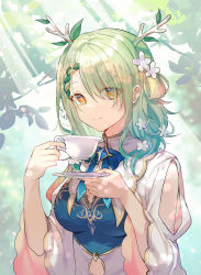 Rule 34 | 1girl, akitsuki (oenothera), antlers, braid, braided bangs, breasts, ceres fauna, cup, eyes visible through hair, flower, food, framed breasts, french braid, fruit, green hair, highres, hololive, hololive english, horns, leaf, long hair, looking at viewer, medium breasts, mole, mole under eye, single braid, smile, solo, teacup, virtual youtuber, yellow eyes