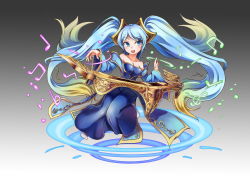 Rule 34 | 1girl, :d, bare shoulders, blue eyes, blue hair, breasts, cleavage, highres, league of legends, long hair, looking at viewer, matching hair/eyes, open mouth, puzzle &amp; dragons, smile, solo, sona (league of legends), tama yu, twintails